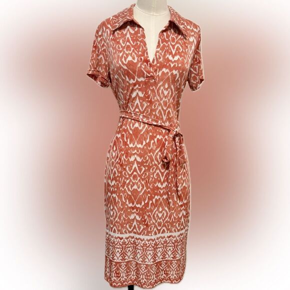 Mlle Gabrielle" Stylish Orange and White Patterned Dress, Size Small - Picture 1 of 7